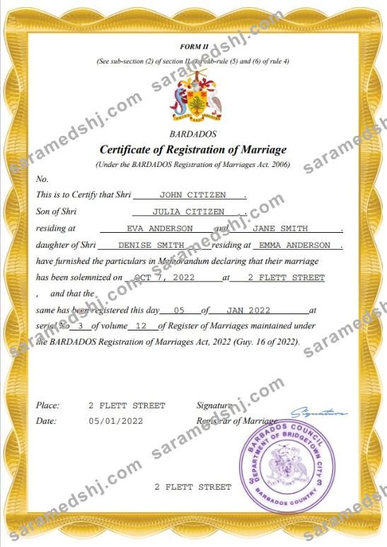 Barbados marriage certificate Word and PDF template